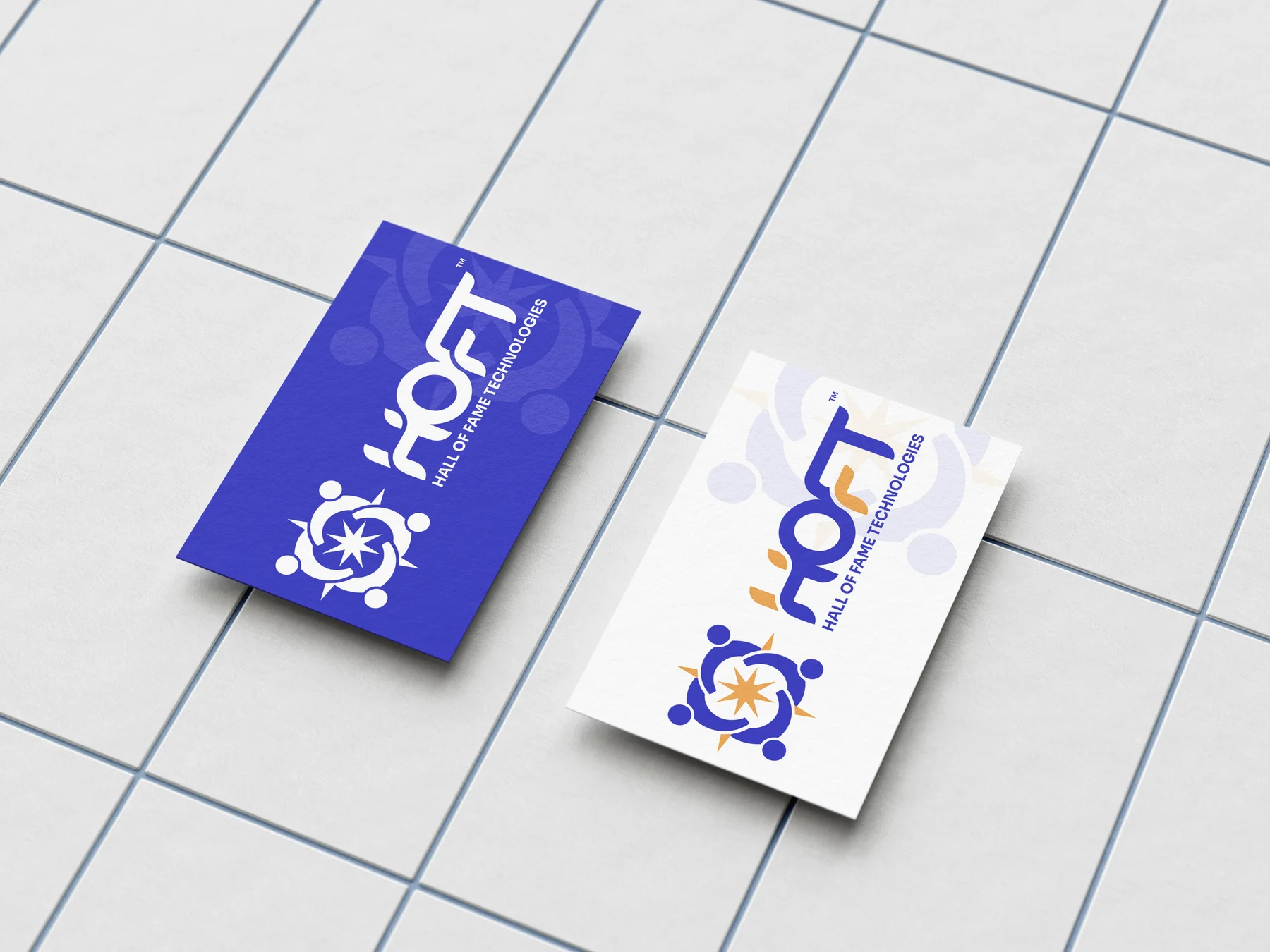 HOFT business cards in blue and white colorways