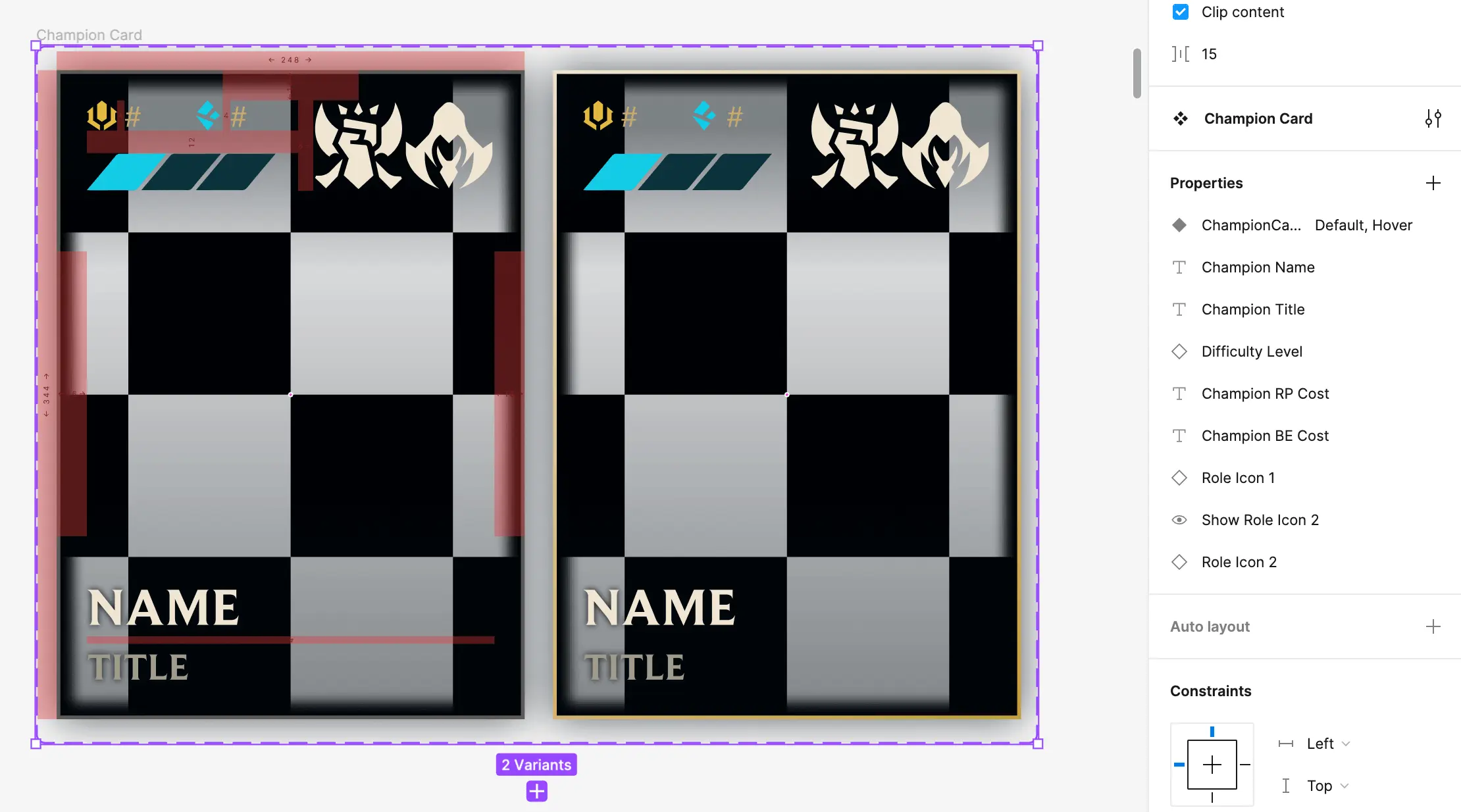 Champion cards, component properties
