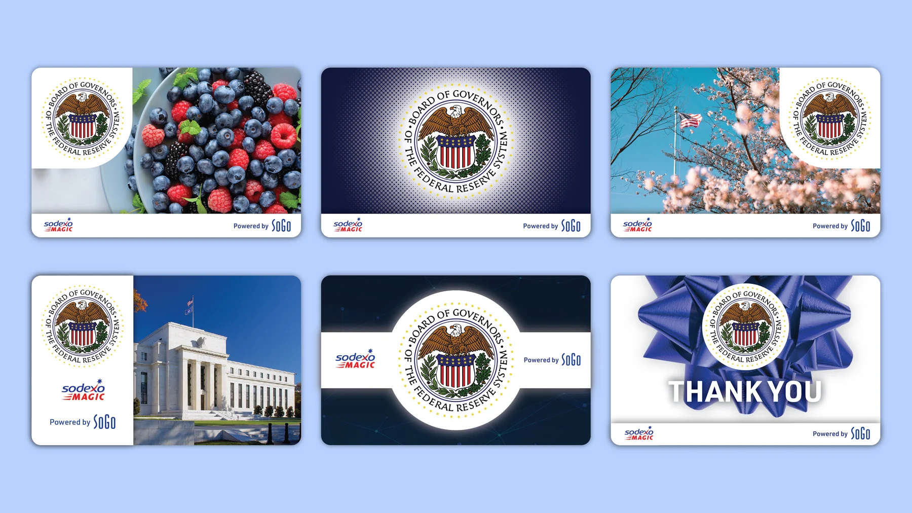 Six gift card designs for the Federal Reserve