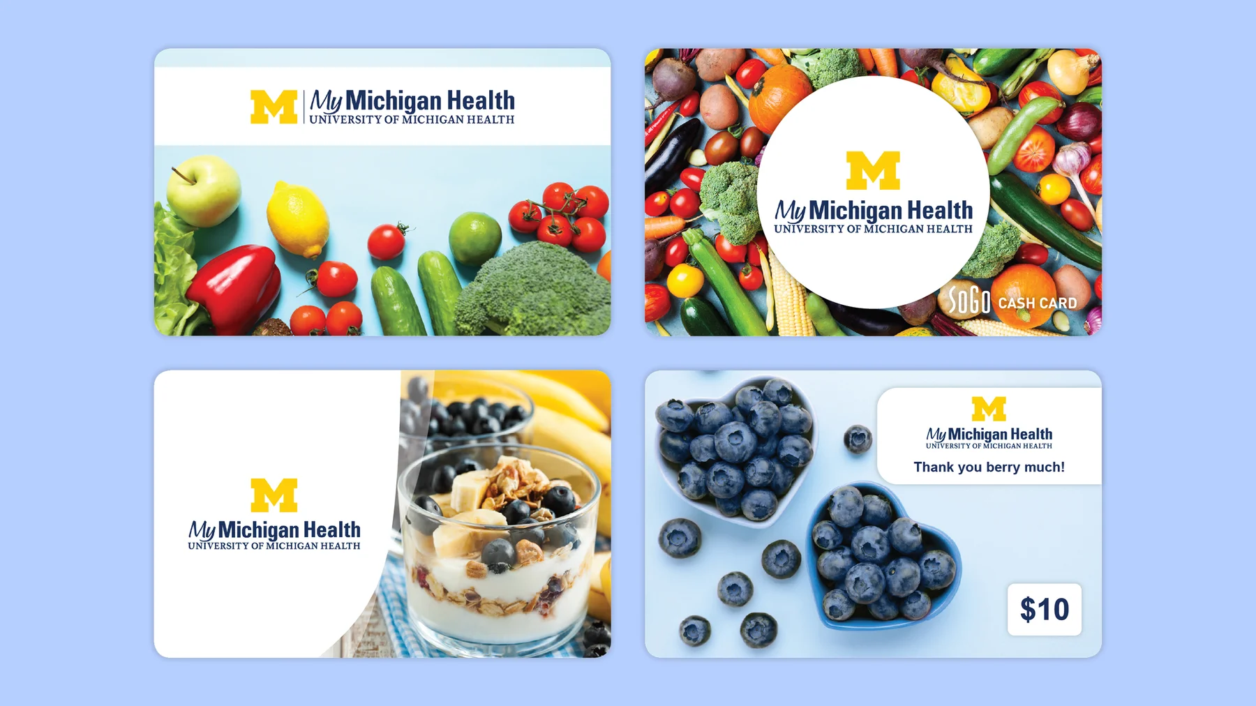 Four My Michigan Health gift card designs