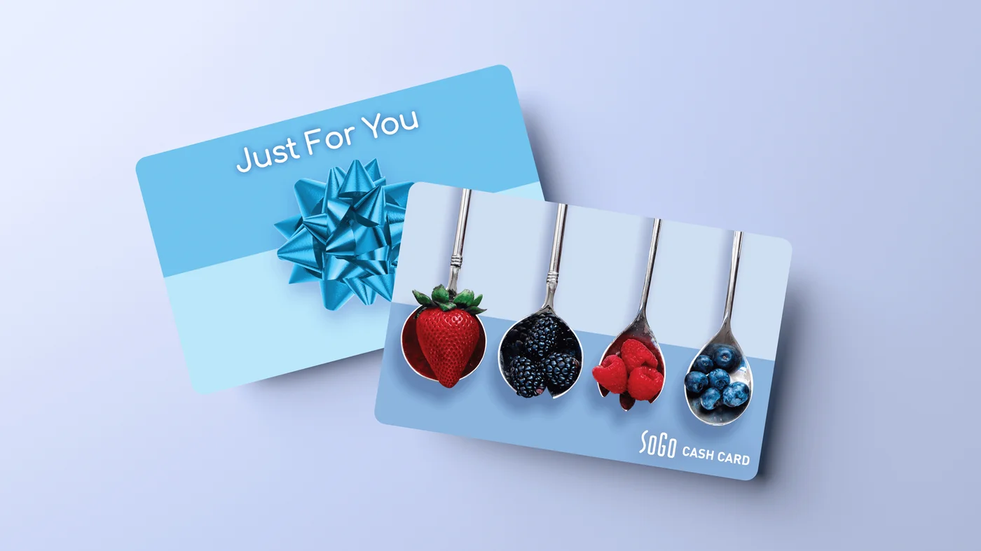 SoGo Cash Card gift cards on a gradient background