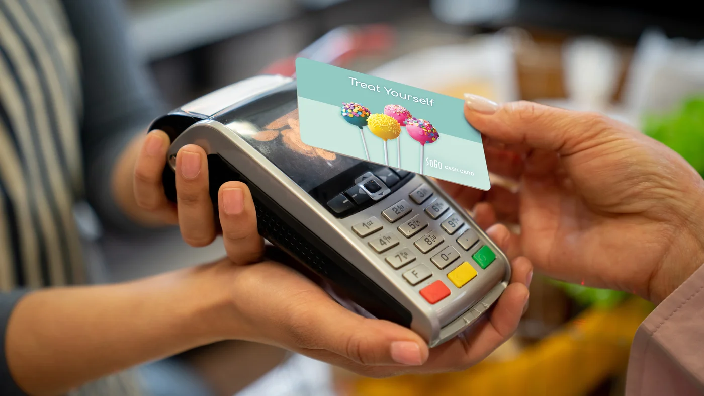 SoGo Cash Card Treat Yourself gift card used at a payment terminal