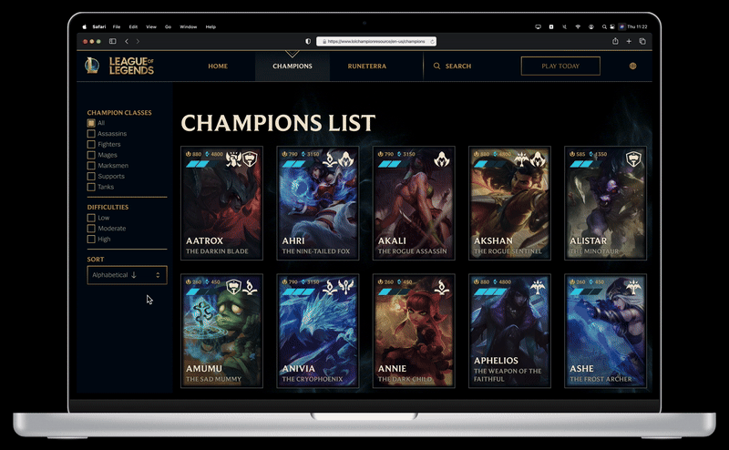 Filtering 165 Champion Cards